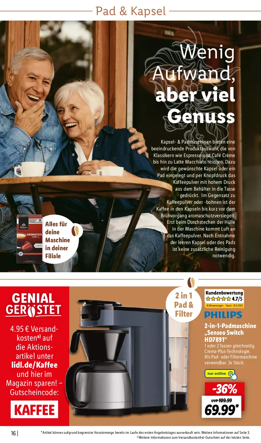 Aktueller Prospekt Lidl - Kaffee Magazin - von 25.09 bis 15.10.2022 - strona 16 - produkty: ACC, angebot, Behälter, bohne, bohnen, chia, espresso, gutschein, kaffee, latte, latte macchiato, mac, macchiato, magazin, ndk, nuss, Reinigung, rwe, senseo, tasse, Ti, versandkostenfrei, ZTE