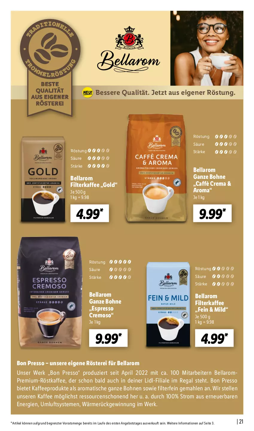 Aktueller Prospekt Lidl - Kaffee Magazin - von 25.09 bis 15.10.2022 - strona 21 - produkty: angebot, bohne, bohnen, caffè crema, elle, espresso, filterkaffee, kaffee, pril, regal, röstkaffee, Ti, tisch, ZTE