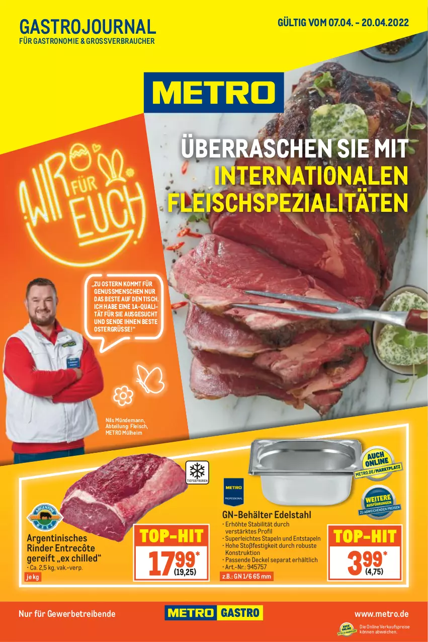 Aktueller Prospekt Metro - GastroJournal - von 07.04 bis 20.04.2022 - strona 1 - produkty: Abtei, Behälter, decke, Deckel, edelstahl, eis, entrecôte, fleisch, Metro, nuss, Rauch, reis, rind, rinder, Spezi, Ti, tisch, top-hit