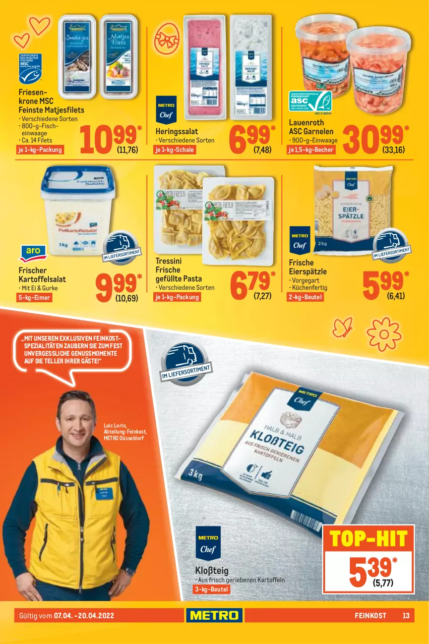 Aktueller Prospekt Metro - GastroJournal - von 07.04 bis 20.04.2022 - strona 13 - produkty: Abtei, Becher, beutel, eier, eierspätzle, eimer, elle, ente, feinkost, filet, filets, fisch, fische, garnelen, gurke, hering, Herings, kartoffel, kartoffeln, kartoffelsalat, krone, küche, Küchen, matjes, Matjesfilet, matjesfilets, Metro, nuss, pasta, ring, salat, Schal, Schale, Spezi, teller, Ti, top-hit, Waage