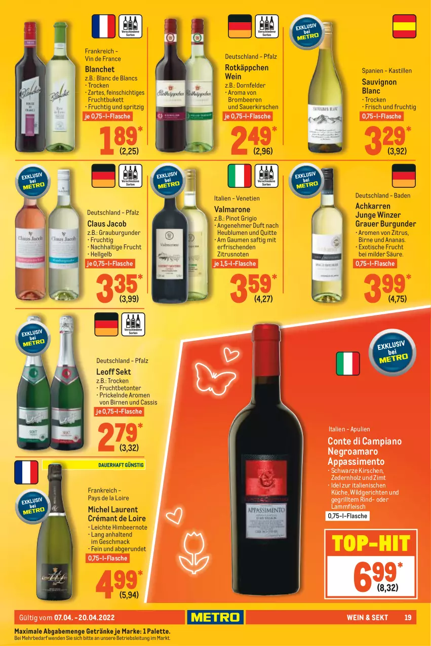 Aktueller Prospekt Metro - GastroJournal - von 07.04 bis 20.04.2022 - strona 19 - produkty: amaro, ananas, asti, auer, Bad, beere, beeren, Birnen, blume, blumen, brombeere, brombeeren, burgunder, cassis, crémant de loire, de blancs, dornfelder, eis, flasche, fleisch, frucht, getränk, getränke, grauburgunder, grauer burgunder, grill, Heu, himbeer, Holz, kirsch, kirsche, kirschen, küche, lamm, Lammfleisch, LG, mac, Palette, Pinot, pinot grigio, rind, rotkäppchen, saft, sauerkirschen, sauvignon, sauvignon blanc, sekt, sim, Ti, tisch, top-hit, vin de france, wein, Wild