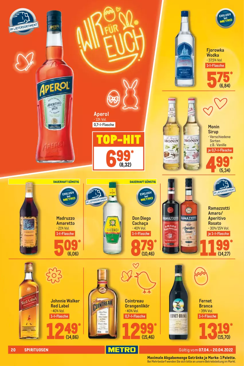 Aktueller Prospekt Metro - GastroJournal - von 07.04 bis 20.04.2022 - strona 20 - produkty: Amaretto, amaro, aperitivo rosato, aperol, cachaça, Fernet, fernet branca, flasche, getränk, getränke, johnnie walker, likör, monin, orange, orangen, Palette, rama, ramazzott, ramazzotti, rosato, sirup, spirituosen, Ti, top-hit, vanille, wodka, zott