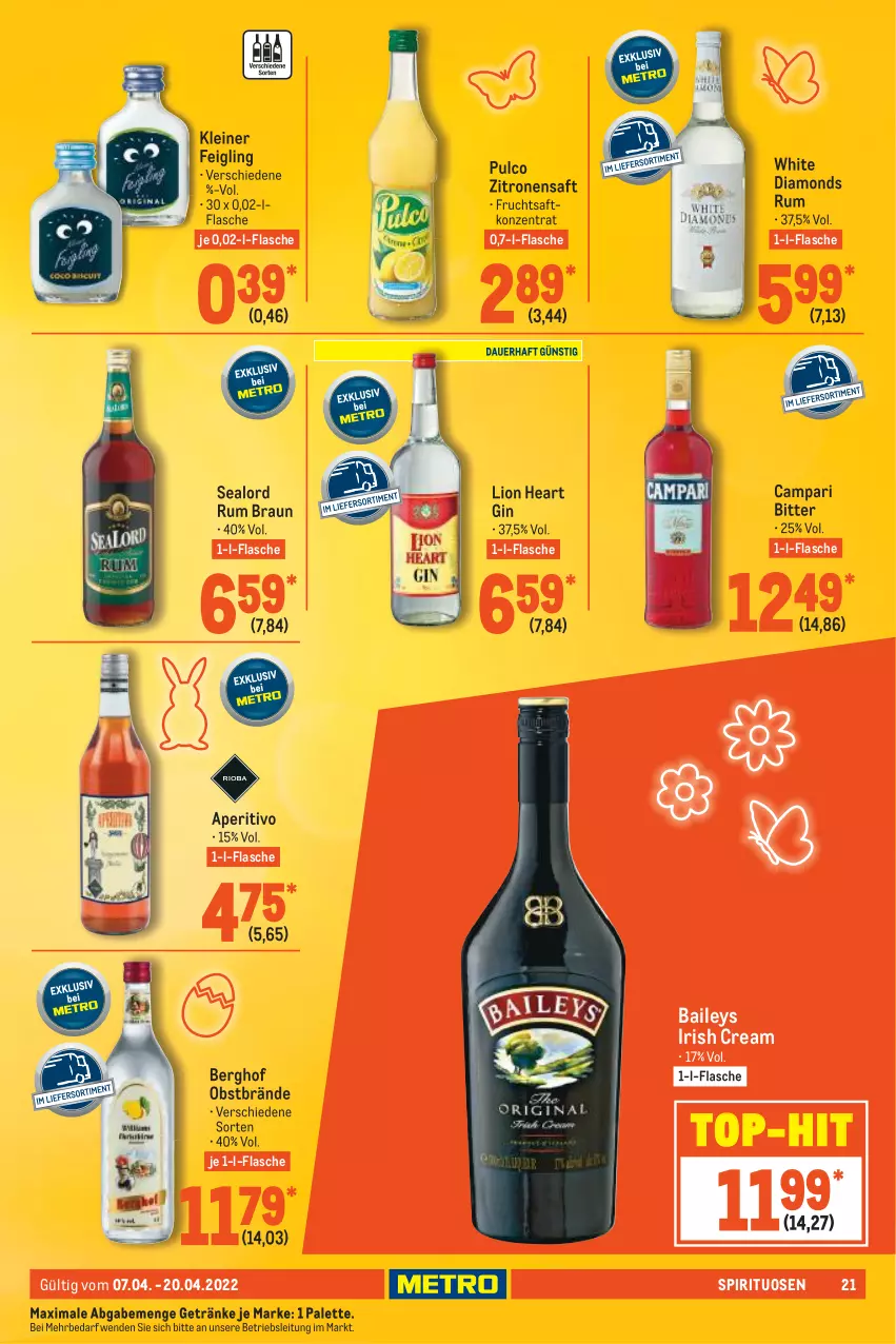 Aktueller Prospekt Metro - GastroJournal - von 07.04 bis 20.04.2022 - strona 21 - produkty: baileys, braun, campari, flasche, frucht, fruchtsaft, getränk, getränke, gin, irish cream, kleiner feigling, leine, lion, obst, Palette, rum, saft, spirituosen, Ti, top-hit, zitrone, zitronen, zitronensaft