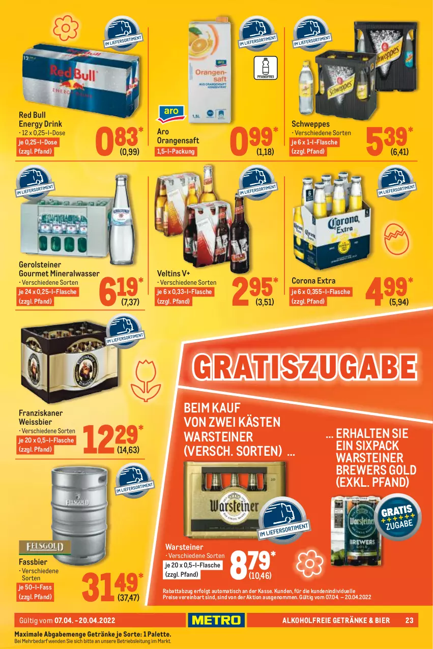 Aktueller Prospekt Metro - GastroJournal - von 07.04 bis 20.04.2022 - strona 23 - produkty: alkohol, alkoholfreie getränke, Alwa, auto, bier, corona, corona extra, drink, eis, elle, energy drink, flasche, franziskaner, gerolsteine, gerolsteiner, getränk, getränke, LG, mineralwasser, orange, orangen, orangensaft, Palette, red bull, reis, saft, schweppes, steiner, Ti, tisch, veltins, warsteiner, wasser, weissbier