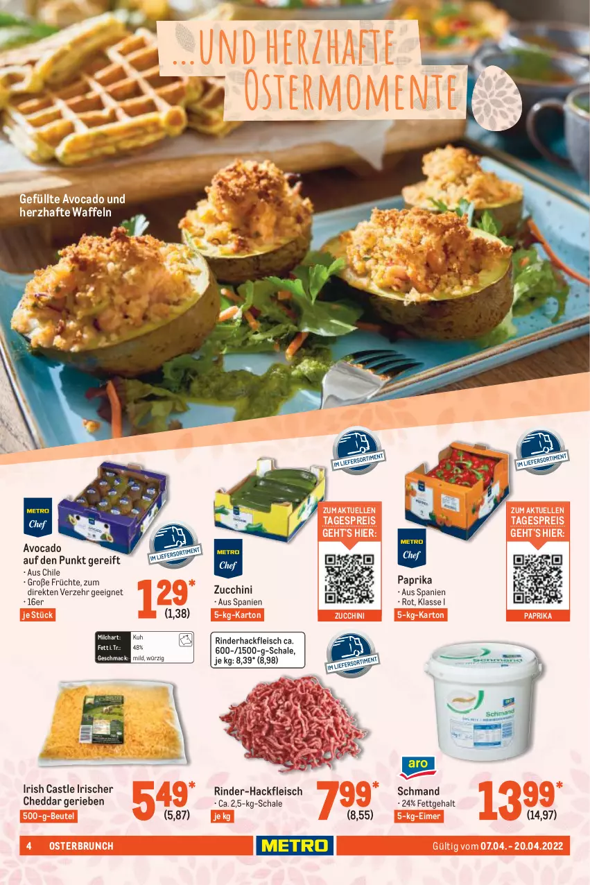 Aktueller Prospekt Metro - GastroJournal - von 07.04 bis 20.04.2022 - strona 4 - produkty: avocado, beutel, cheddar, eimer, eis, elle, fleisch, früchte, hackfleisch, mac, milch, paprika, reis, rind, rinder, rinder-hackfleisch, rinderhackfleisch, Schal, Schale, schmand, Ti, waffeln, zucchini