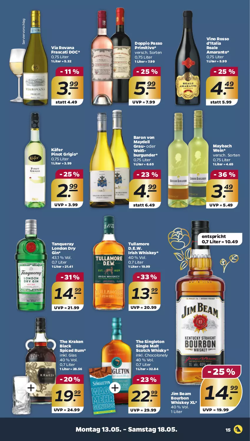Aktueller Prospekt Netto - Woche 20 - von 13.05 bis 18.05.2024 - strona 15 - produkty: bourbon, bourbon whiskey, burgunder, dell, doppio passo, dry gin, gin, irish whiskey, jim beam, käfer, lack, london dry, london dry gin, maybach, passo, Pinot, pinot grigio, primitivo, rum, scotch, scotch whisky, single malt, Tanqueray, Ti, tullamore, wein, Weißburgunder, whiskey, whisky
