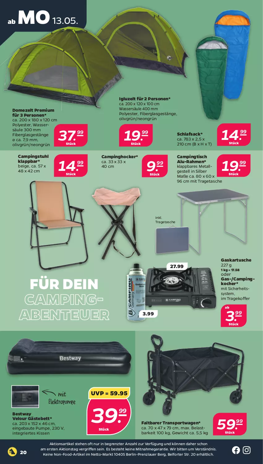 Aktueller Prospekt Netto - Woche 20 - von 13.05 bis 18.05.2024 - strona 20 - produkty: auer, Bau, bestway, bett, campingstuhl, Campingtisch, Elektro, ente, Gästebett, hocker, kissen, Kocher, koffer, LG, sac, schlafsack, Sport, stuhl, Tasche, Ti, tisch, tragetasche, Transportwagen, wasser, Zelt, ZTE