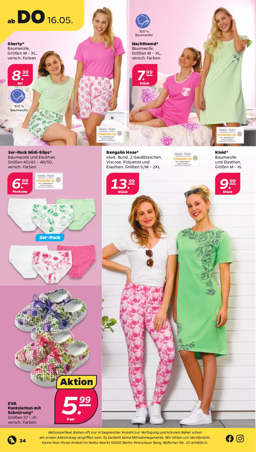 Aktueller Prospekt Netto - Woche 20 - von 13.05 bis 18.05.2024 - strona 24 - produkty: auer, Bau, baumwolle, Bengalin, hemd, hose, kleid, Nachthemd, pantolette, pantoletten, shorty, slip, slips, Tasche, taschen, Ti, wolle, ZTE