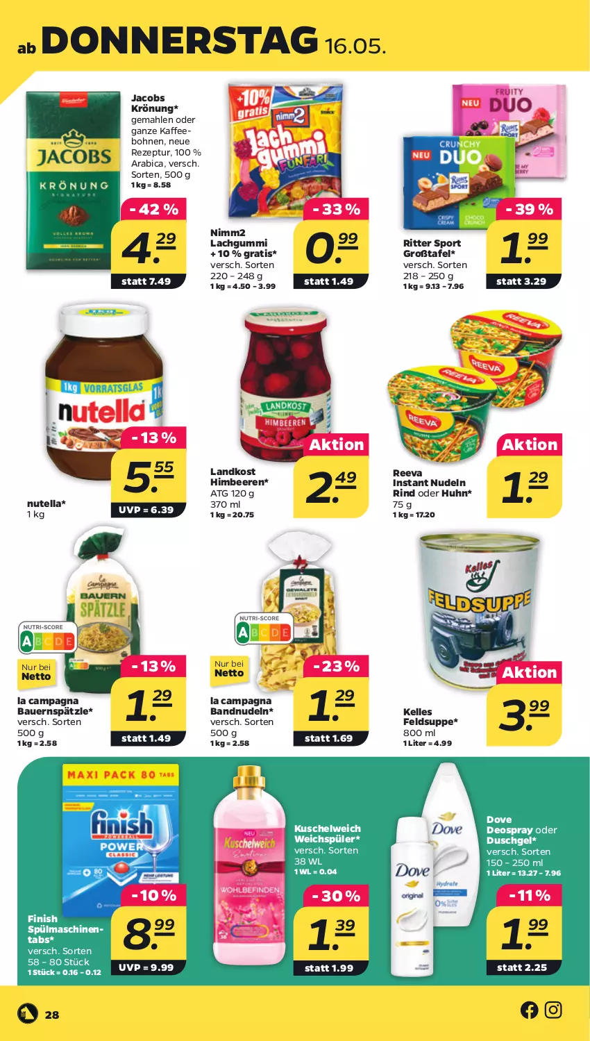 Aktueller Prospekt Netto - Woche 20 - von 13.05 bis 18.05.2024 - strona 28 - produkty: auer, Bau, Bauer, beere, beeren, bohne, bohnen, deo, deospray, dove, duschgel, elle, Finish, himbeer, himbeere, himbeeren, jacobs, jacobs krönung, kaffee, kaffeebohnen, Kuschelweich, lachgummi, ndk, nimm2, nudel, nudeln, nutella, rezept, rind, ritter, ritter sport, Sport, spülmaschinen, spülmaschinentabs, suppe, Ti, weichspüler