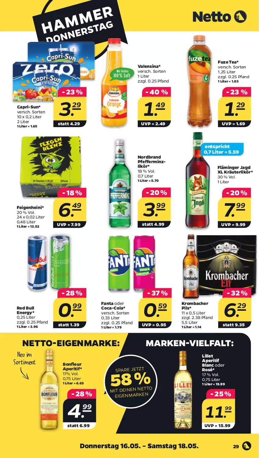 Aktueller Prospekt Netto - Woche 20 - von 13.05 bis 18.05.2024 - strona 29 - produkty: aperitif, Cap, capri-sun, coca-cola, cola, fanta, fanta oder, Feigen, fuze tea, kräuter, kräuterlikör, krombache, krombacher, krombacher pils, likör, lillet, nordbrand, pfeffer, pfefferminzlikör, pils, red bull, Ti, valensina