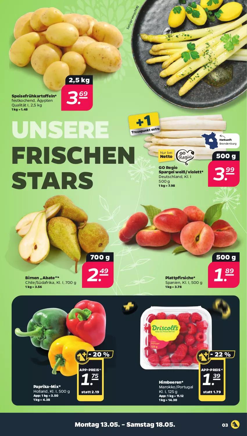 Aktueller Prospekt Netto - Woche 20 - von 13.05 bis 18.05.2024 - strona 3 - produkty: beere, beeren, Birnen, eis, Frühkartoffeln, himbeer, himbeere, himbeeren, kartoffel, kartoffeln, paprika, pfirsich, pfirsiche, plattpfirsiche, reis, spargel, speisefrühkartoffeln