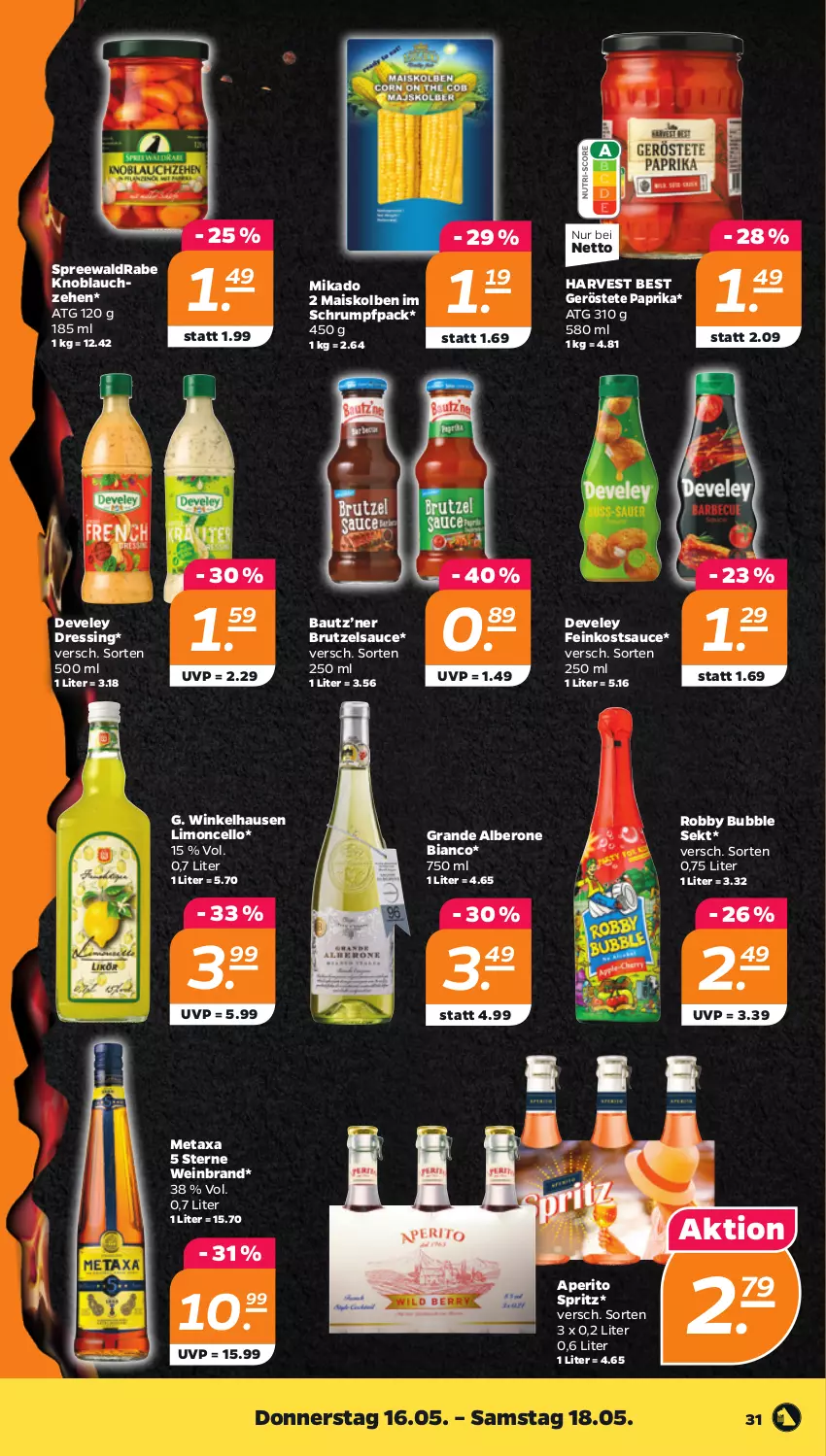 Aktueller Prospekt Netto - Woche 20 - von 13.05 bis 18.05.2024 - strona 31 - produkty: Bau, brut, develey, dressing, feinkost, knoblauch, limo, mais, Metaxa, mikado, paprika, robby, rum, sauce, sekt, Ti, wein, weinbrand, winkelhausen