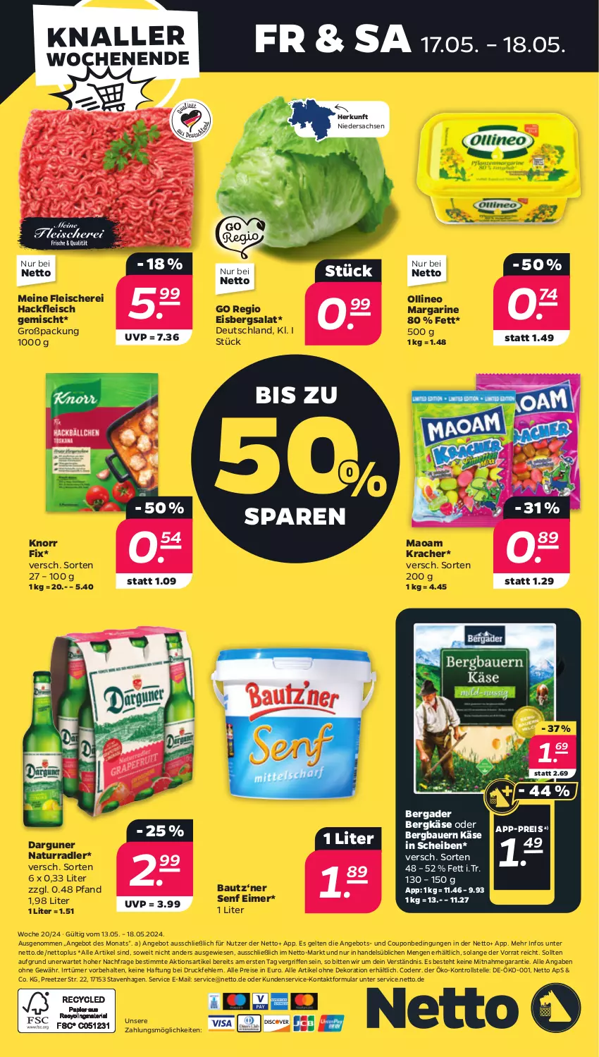 Aktueller Prospekt Netto - Woche 20 - von 13.05 bis 18.05.2024 - strona 32 - produkty: alle artikel ohne dekoration, angebot, auer, Bau, Bauer, bergader, Bergkäse, coupon, dekoration, eimer, eis, eisbergsalat, elle, fleisch, Fleischerei, hackfleisch, hackfleisch gemischt, Käse, knorr, knorr fix, kracher, maoam, margarine, natur, radler, reis, sac, salat, Schere, senf, Ti