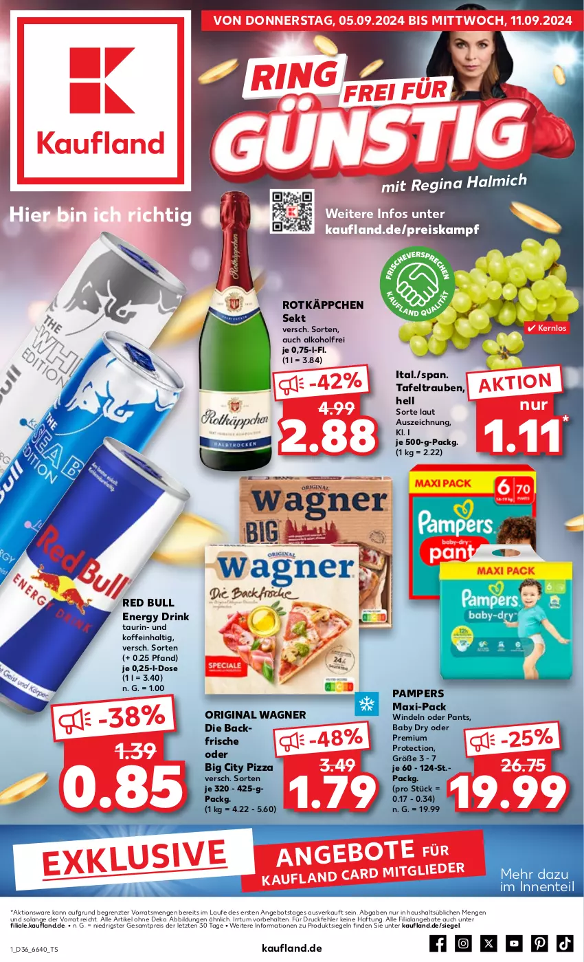 Aktueller Prospekt Kaufland - Prospekt - von 05.09 bis 11.09.2024 - strona 1 - produkty: alkohol, angebot, angebote, drink, eis, energy drink, ente, gin, original wagner, pampers, Pants, pizza, red bull, reis, ring, rotkäppchen, sekt, tafeltrauben, Ti, trauben, wagner, windeln, windeln oder pants, ZTE