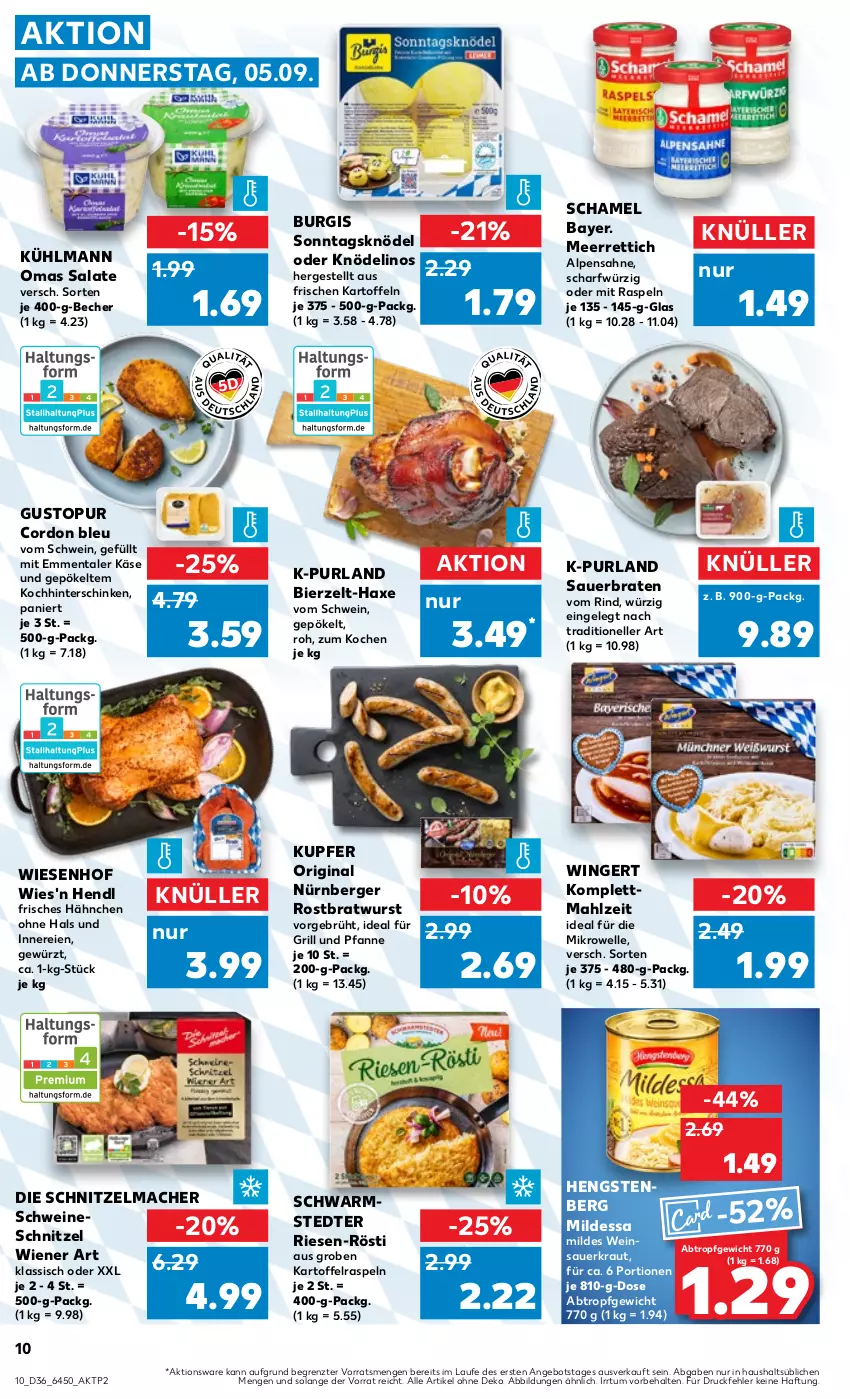 Aktueller Prospekt Kaufland - Prospekt - von 05.09 bis 11.09.2024 - strona 10 - produkty: angebot, auer, axe, Becher, Berger, bier, braten, bratwurst, cordon bleu, elle, emmentaler, für grill und pfanne, gewürz, gin, grill, grill und pfanne, Haxe, Hendl, hengstenberg, hinterschinken, ideal für grill, ideal für grill und pfanne, kartoffel, kartoffeln, Käse, Knödel, Kraut, kühlmann, mac, meerrettich, mikrowelle, nürnberger, pfanne, purland, Rettich, rind, rostbratwurst, sahne, salat, salate, Sauerkraut, schamel, schinken, schnitzel, schwarmstedter, schwein, schweine, schweineschnitzel, Ti, und pfanne, wein, weine, Weinsauerkraut, wiener, wiesenhof, wurst, Zelt, ZTE