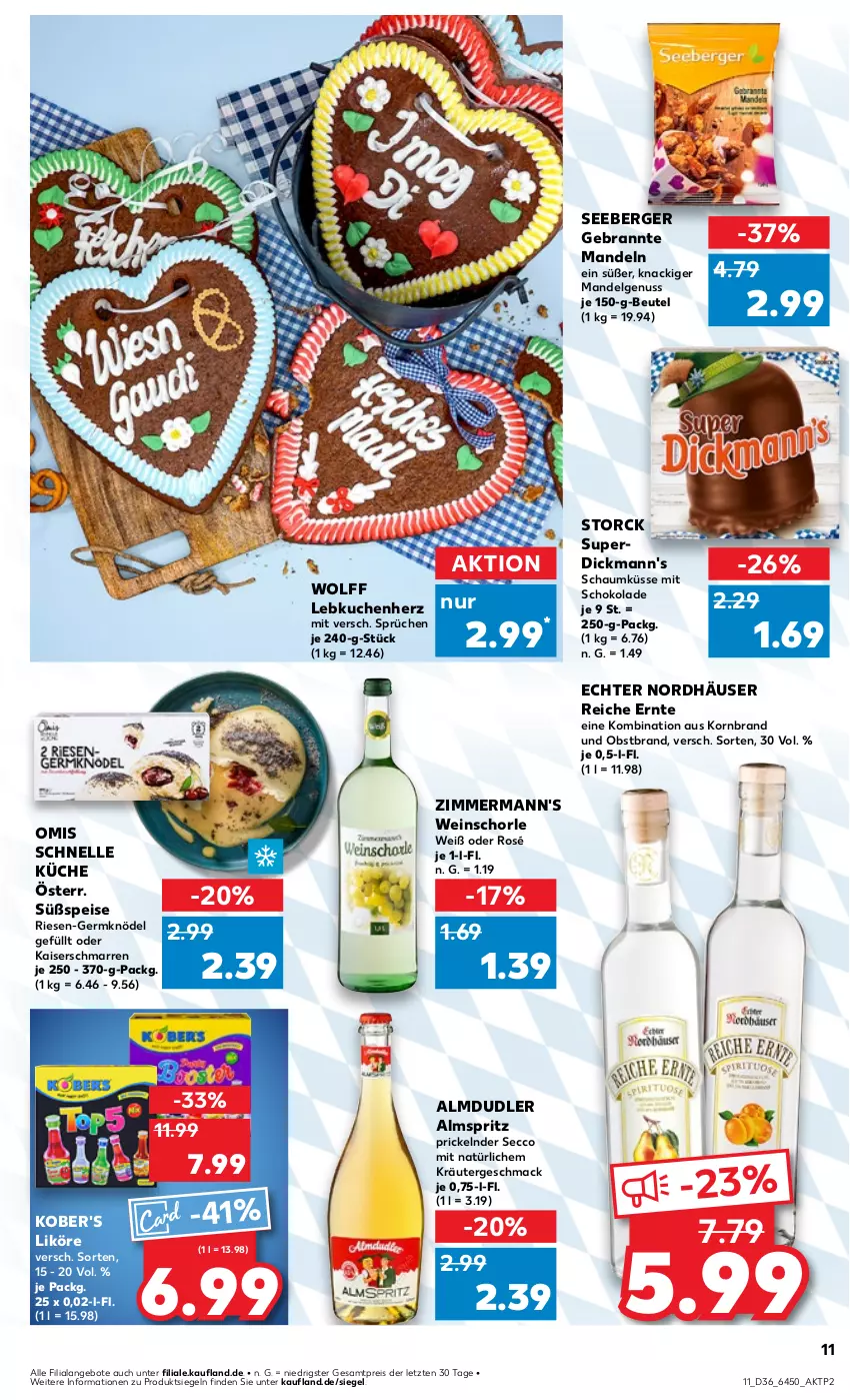 Aktueller Prospekt Kaufland - Prospekt - von 05.09 bis 11.09.2024 - strona 11 - produkty: almdudler, angebot, angebote, Berger, beutel, Dickmann's, ecco, eis, elle, Germ, Kaiser, Knödel, korn, kräuter, küche, kuchen, Lebkuchen, LG, likör, mac, mandel, mandeln, nuss, obst, Obstbrand, reis, schoko, schokolade, schorle, seeberger, storck, Ti, wein, weinschorle, ZTE