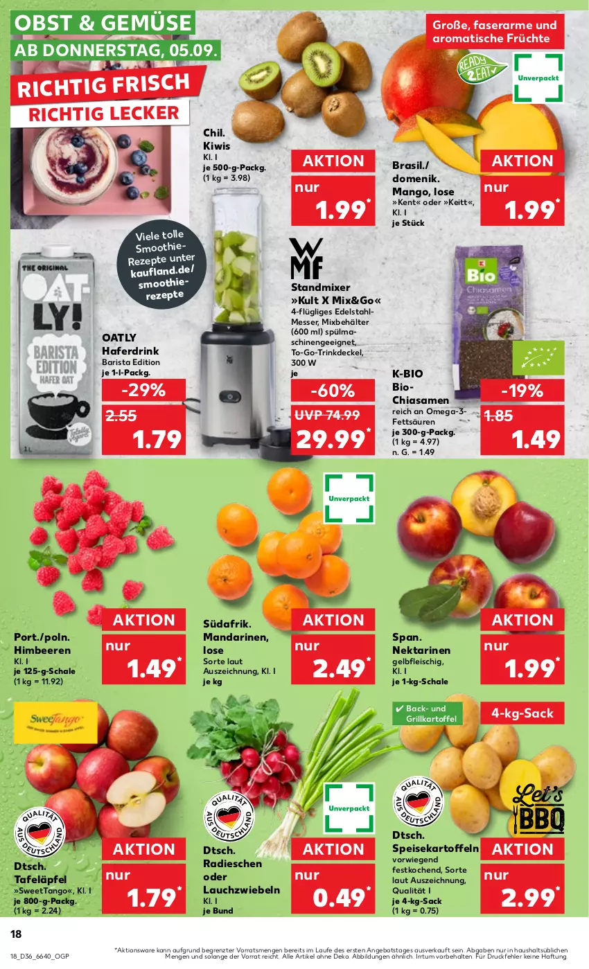 Aktueller Prospekt Kaufland - Prospekt - von 05.09 bis 11.09.2024 - strona 18 - produkty: angebot, beere, beeren, Behälter, bio, chia, decke, Deckel, drink, edelstahl, edelstahlmesser, eis, fleisch, früchte, grill, hafer, Haferdrink, himbeer, himbeere, himbeeren, kartoffel, kartoffeln, kiwi, Lauchzwiebel, lauchzwiebeln, mandarine, mandarinen, mango, messer, Mixer, Nektar, nektarinen, obst, omega, Omega-3, radieschen, rezept, rezepte, sac, Schal, Schale, smoothie, speisekartoffeln, spülmaschinen, standmixer, tafeläpfel, Ti, tisch, ZTE, zwiebel, zwiebeln