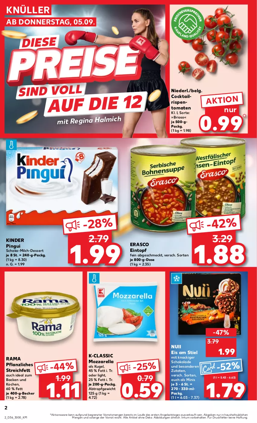 Aktueller Prospekt Kaufland - Prospekt - von 05.09 bis 11.09.2024 - strona 2 - produkty: angebot, Becher, cocktail, dessert, eintopf, eis, erasco, gin, Kinder, kinder pingui, Kugel, LG, milch, mozzarella, nuii, pingui, rama, rel, rispentomaten, schoko, schokolade, Ti, tomate, tomaten, topf, ZTE