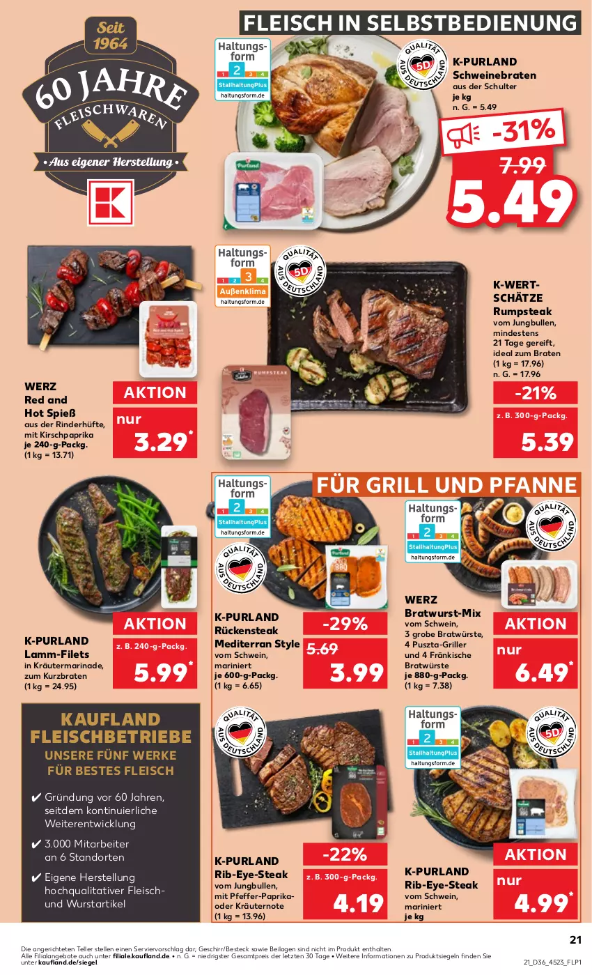 Aktueller Prospekt Kaufland - Prospekt - von 05.09 bis 11.09.2024 - strona 21 - produkty: angebot, angebote, besteck, braten, bratwurst, eis, elle, filet, filets, fleisch, fleisch in selbstbedienung, für grill und pfanne, geschirr, grill, grill und pfanne, HP, ideal zum braten, ilag, jungbullen, kirsch, kräuter, kräutern, lamm, marinade, oder kräuter, paprika, pfanne, pfeffer, purland, reis, rind, rinder, Rinderhüfte, Rückensteak, rum, rumpsteak, schwein, schweine, schweinebraten, steak, teller, Ti, und pfanne, wein, weine, WICK, wurst, ZTE