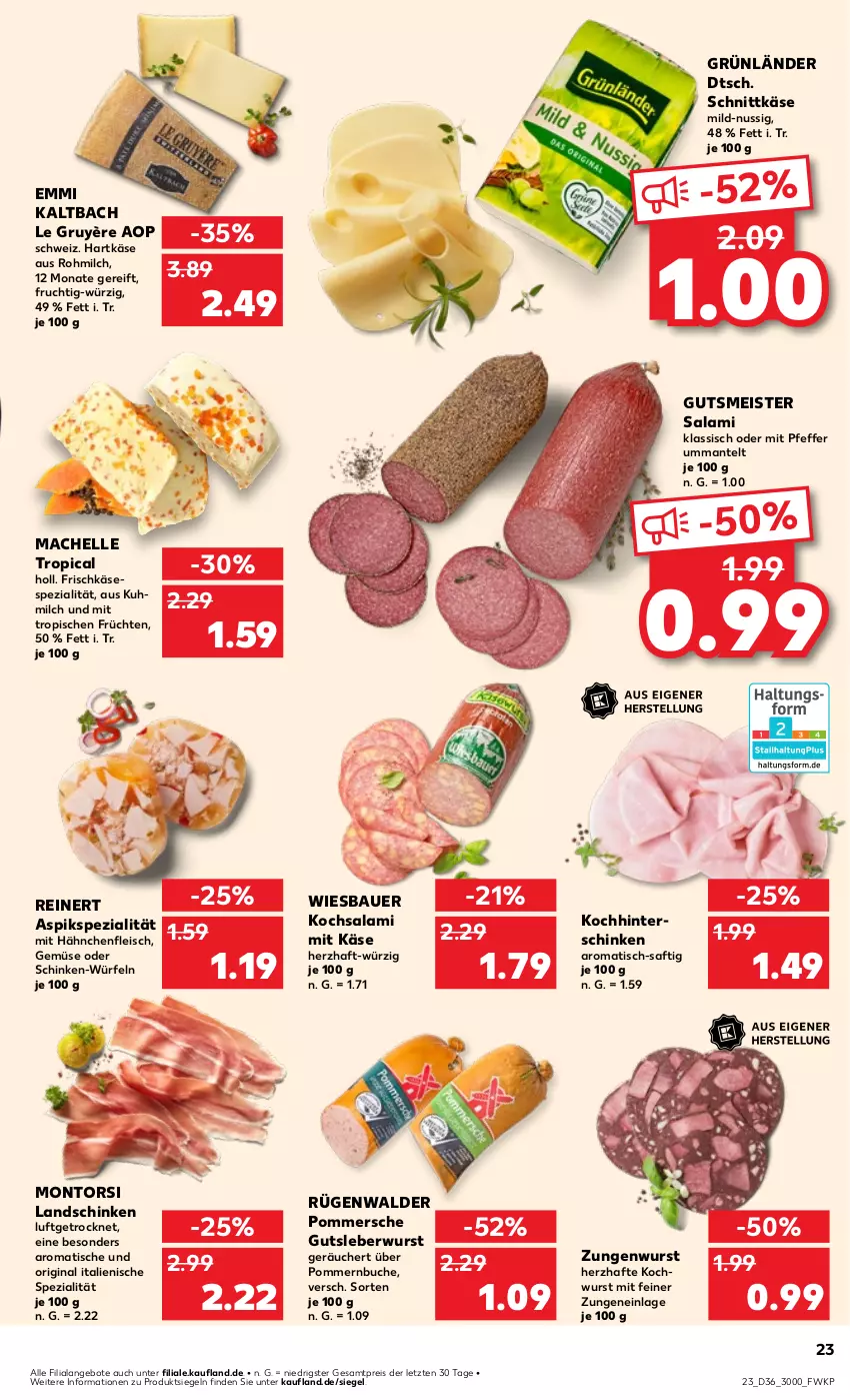 Aktueller Prospekt Kaufland - Prospekt - von 05.09 bis 11.09.2024 - strona 23 - produkty: angebot, angebote, auer, Bau, Bauer, buch, eis, elle, emmi, fleisch, frischkäse, frucht, früchte, früchten, gin, grünländer, gutsleberwurst, Hähnchenfleisch, hartkäse, hinterschinken, Käse, landschinken, leberwurst, mac, Mantel, Meister, milch, montorsi, nuss, pfeffer, Pommersche, reinert, reis, rügenwalder, saft, salami, schinken, Schinken-Würfel, schnittkäse, Spezi, Ti, tisch, wiesbauer, würfel, wurst, ZTE