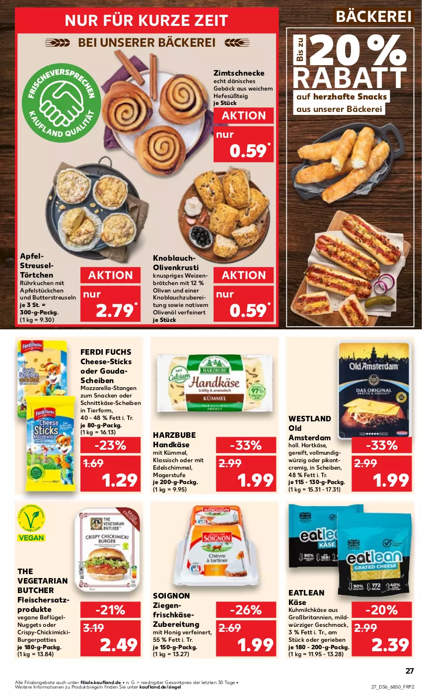 Aktueller Prospekt Kaufland - Prospekt - von 05.09 bis 11.09.2024 - strona 27 - produkty: angebot, angebote, apfel, brita, brötchen, burger, butter, eis, ferdi fuchs, fleisch, frischkäse, frischkäsezubereitung, gouda, hartkäse, Hefe, honig, Käse, knoblauch, kuchen, mac, milch, mozzarella, ndk, nuggets, Old Amsterdam, olive, oliven, olivenöl, reis, rel, Ria, schnittkäse, snack, snacks, The Vegetarian Butcher, Ti, Törtchen, Vegeta, weizenbrötchen, ziegenfrischkäse, ZTE