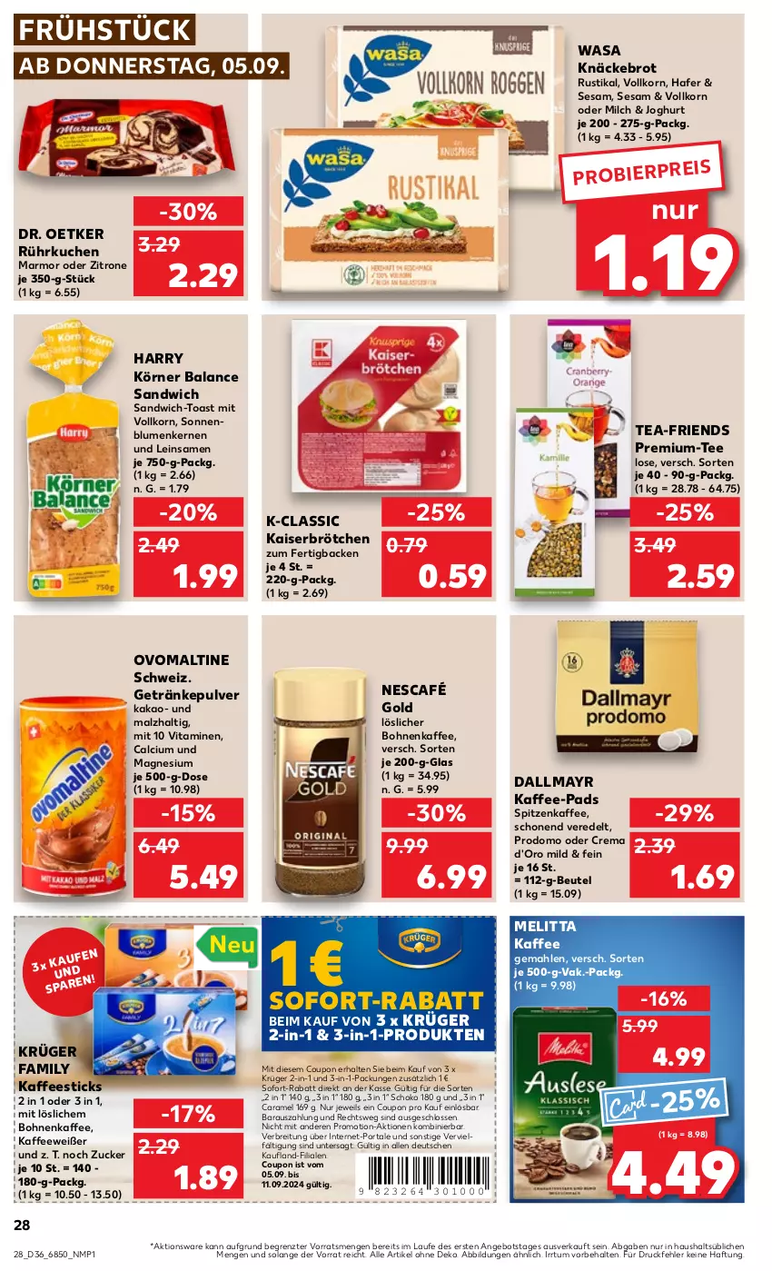 Aktueller Prospekt Kaufland - Prospekt - von 05.09 bis 11.09.2024 - strona 28 - produkty: angebot, beutel, bier, blume, blumen, bohne, bohnen, bohnenkaffee, Brei, brot, brötchen, Calcium, caramel, coupon, d'oro, dallmayr, Dr. Oetker, getränk, getränke, getränkepulver, hafer, joghur, joghurt, kaffee, kaffee-pads, Kaiser, kakao, knäckebrot, korn, krüger, kuchen, löslicher bohnenkaffee, magnesium, malz, melitta, milch, Nescafé, nescafé gold, ovomaltine, prodomo, sandwich, schoko, sesam, sofort-rabatt, sonnenblume, sonnenblumen, Sonnenblumenkerne, sonnenblumenkernen, tee, Ti, toast, vita, Vitamine, wasa, zitrone, ZTE, zucker