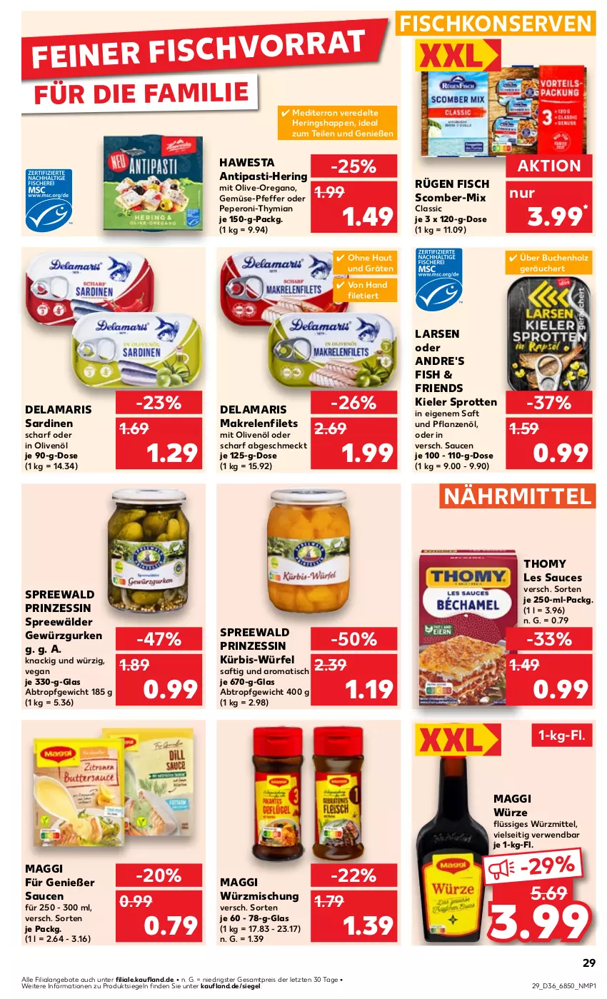 Aktueller Prospekt Kaufland - Prospekt - von 05.09 bis 11.09.2024 - strona 29 - produkty: angebot, angebote, antipasti, asti, buch, eis, filet, filets, fisch, Fischkonserven, gewürz, Gewürzgurke, gewürzgurken, gurke, gurken, hawesta, hering, Herings, Heringshappen, Holz, in olivenöl, Konserven, Kürbis, maggi, maggi würze, Makrele, Makrelenfilets, olive, oliven, olivenöl, peperoni, Peroni, pfeffer, pflanze, pflanzen, Pflanzenöl, reis, rel, ring, rwe, saft, Sardinen, sauce, saucen, spreewälder, Sprotten, thomy, thomy les sauces, Ti, tisch, würfel, ZTE