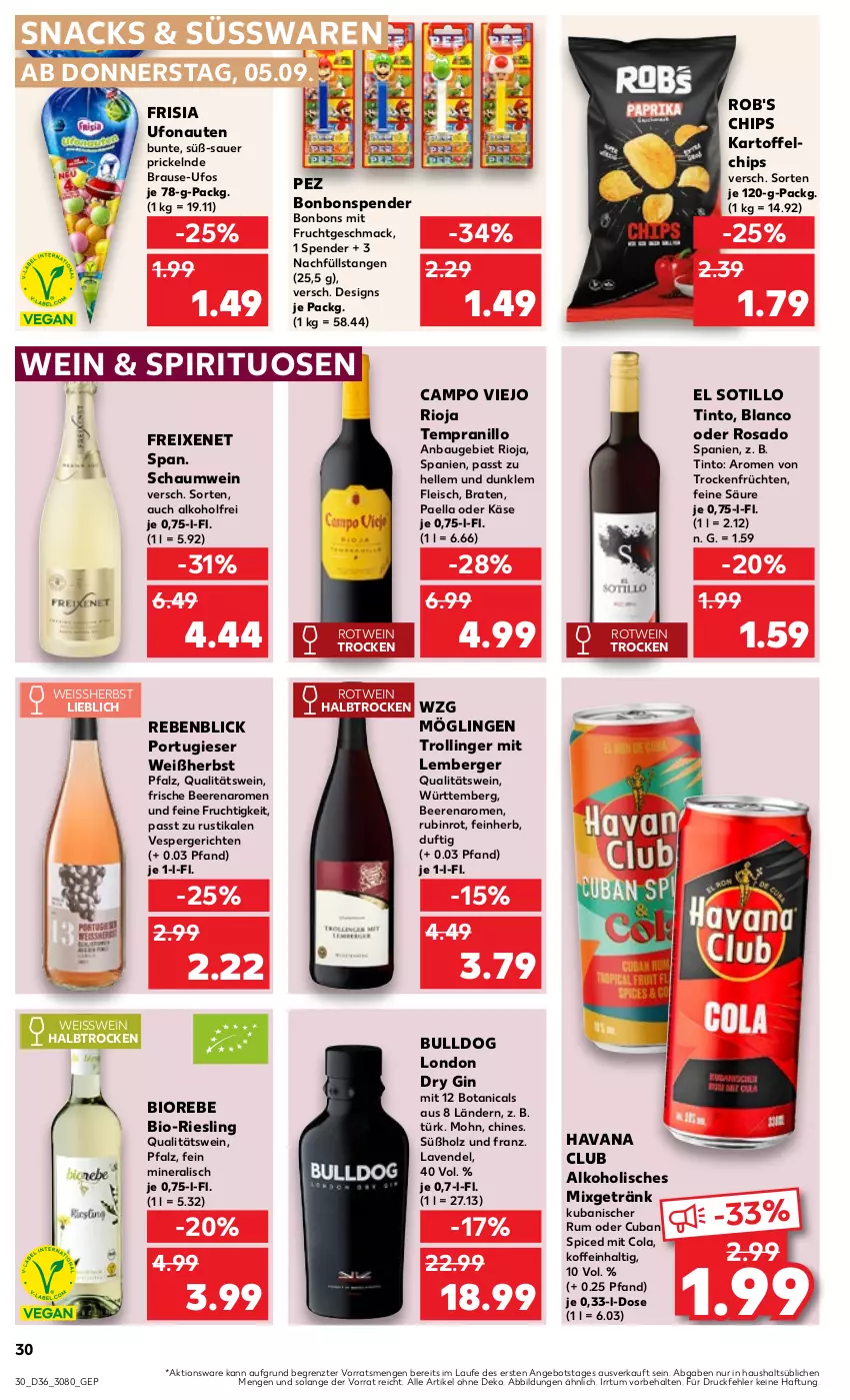 Aktueller Prospekt Kaufland - Prospekt - von 05.09 bis 11.09.2024 - strona 30 - produkty: alkohol, angebot, auer, Bau, beere, beeren, Berger, bio, bonbons, braten, brause, Bulldog, campo viejo, chips, cola, dry gin, eis, elle, fleisch, freixenet, frucht, früchte, früchten, getränk, gin, Havana Club, Holz, kartoffel, kartoffelchips, Käse, lavendel, london dry, london dry gin, mac, mit frucht, Mixgetränk, paella, qualitätswein, riesling, rioja, rotwein, Rubin, rum, snack, snacks, spirituosen, süsswaren, tempranillo, Ti, Trockenfrüchte, trolli, trollinger, wein, ZTE