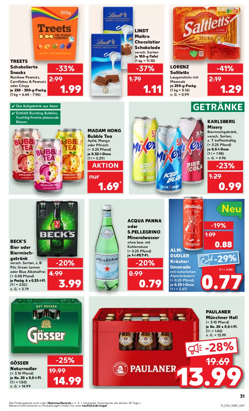 Aktueller Prospekt Kaufland - Prospekt - von 05.09 bis 11.09.2024 - strona 31 - produkty: alkohol, almdudler, Alwa, angebot, angebote, apfel, beck's, bier, cola, eis, elle, flakes, frucht, getränk, getränke, gösser, karlsberg, karlsberg mixery, kräuter, kräutern, limo, limonade, lindt, lorenz, mango, meersalz, mineralwasser, Mixer, mixery, natur, Paula, paulaner, pfirsich, pils, radler, reis, saltletts, salz, schoko, schokolade, snack, snacks, Ti, wasser, ZTE