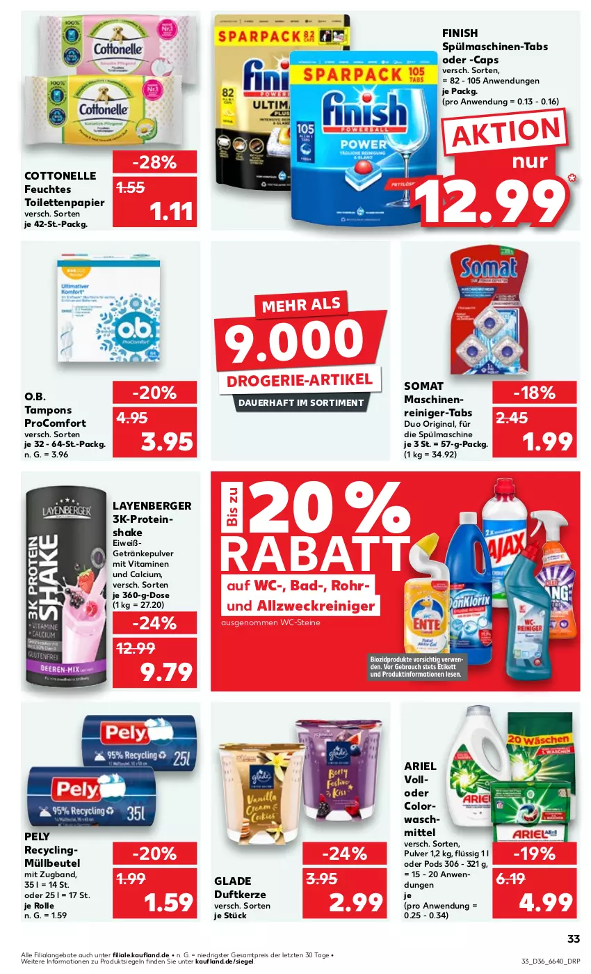 Aktueller Prospekt Kaufland - Prospekt - von 05.09 bis 11.09.2024 - strona 33 - produkty: allzweckreiniger, angebot, angebote, ariel, auer, Bad, Berger, beutel, Calcium, Cap, Clin, colorwaschmittel, cottonelle, drogerie-artikel, Duftkerze, eis, elle, feuchtes toilettenpapier, Finish, getränk, getränke, getränkepulver, gin, Glade, kerze, maschinenreiniger, müllbeutel, O.b., papier, pely, Pods, procomfort, reiniger, reis, shake, somat, spülmaschinen, Tampon, tampons, Ti, toilettenpapier, vita, Vitamine, waschmittel, WC-Steine, weck, ZTE