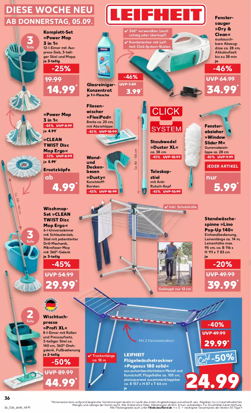 Aktueller Prospekt Kaufland - Prospekt - von 05.09 bis 11.09.2024 - strona 36 - produkty: akku, angebot, angebote, asus, aust, Brei, decke, eimer, eis, fenster, fenstersauger, flasche, Glasreiniger, HP, ipad, leifheit, leimer, leine, mikrofaser, reiniger, reis, rwe, schutzhülle, staubwedel, Teleskop, teleskopstiel, Ti, Trockner, tuc, wäschespinne, wäschetrockner, wedel, Wischtuchpresse, ZTE