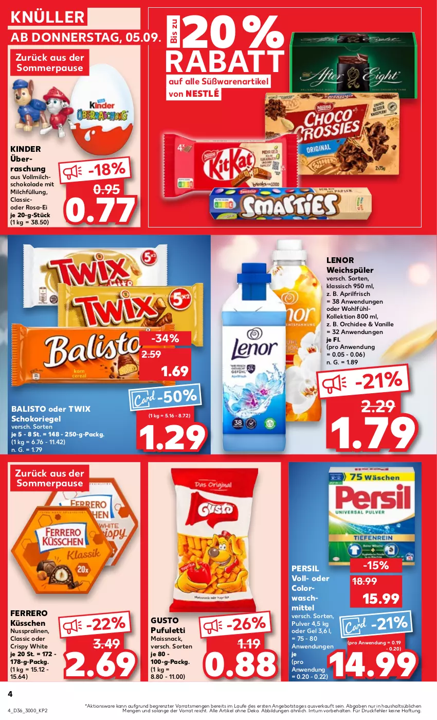 Aktueller Prospekt Kaufland - Prospekt - von 05.09 bis 11.09.2024 - strona 4 - produkty: angebot, balisto, classico, colorwaschmittel, ferrero, Ferrero Küsschen, Kinder, lenor, lenor weichspüler, mais, milch, nestlé, nuss, oder twix, orchidee, persil, pralinen, pril, riegel, schoko, schokolade, schokoriegel, snack, Ti, twix, vanille, vollmilch, waschmittel, weichspüler, ZTE