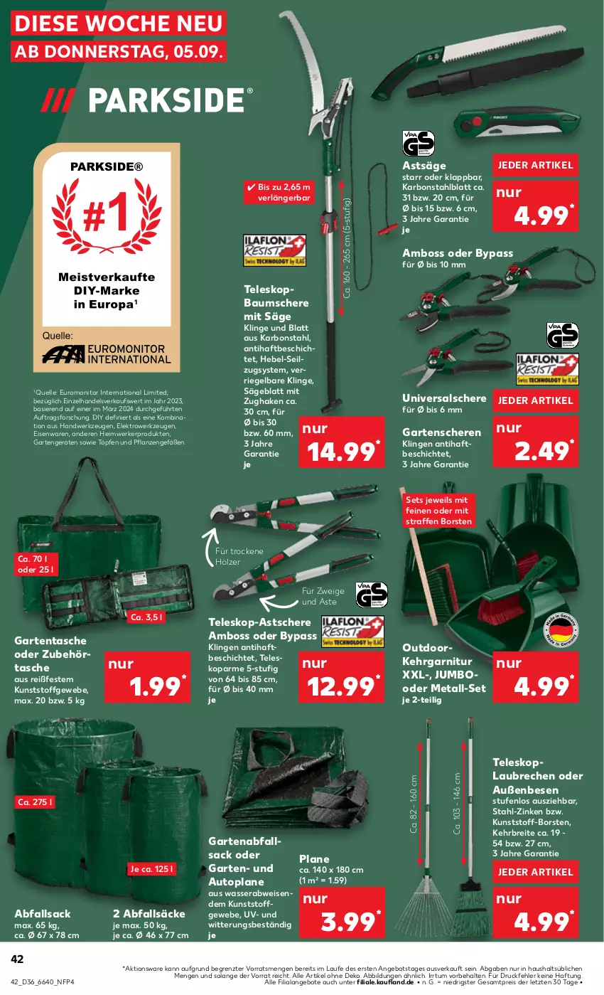 Aktueller Prospekt Kaufland - Prospekt - von 05.09 bis 11.09.2024 - strona 42 - produkty: angebot, angebote, auto, Bau, boss, Brei, eis, Elektro, elle, garnitur, Garten, Gartenschere, jumbo, Kehrgarnitur, monitor, pflanze, pflanzen, reis, riegel, sac, säge, Schere, Tasche, Teleskop, Ti, wasser, werkzeug, werkzeuge, ZTE