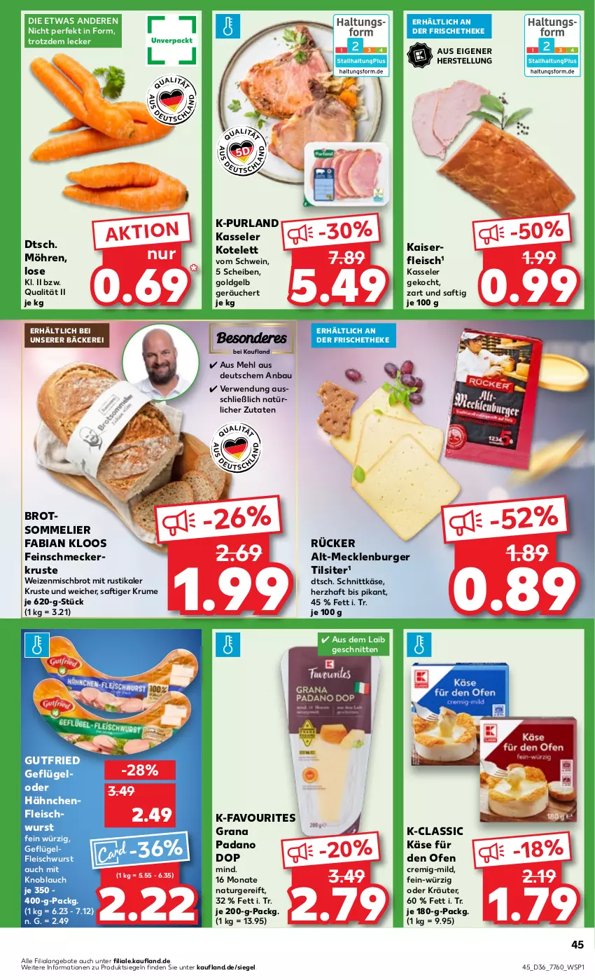 Aktueller Prospekt Kaufland - Prospekt - von 05.09 bis 11.09.2024 - strona 45 - produkty: angebot, angebote, Bau, brot, burger, eis, feinschmecker, fleisch, fleischwurst, Geflügel, grana, grana padano, gutfried, Hähnchenfleisch, Kaiser, Käse, kasseler, knoblauch, kotelett, kräuter, mehl, mit knoblauch, möhren, natur, oder kräuter, Ofen, padano, purland, Rana, rum, rwe, saft, schnitten, schnittkäse, schwein, Ti, Tilsiter, wein, weizenmischbrot, wurst