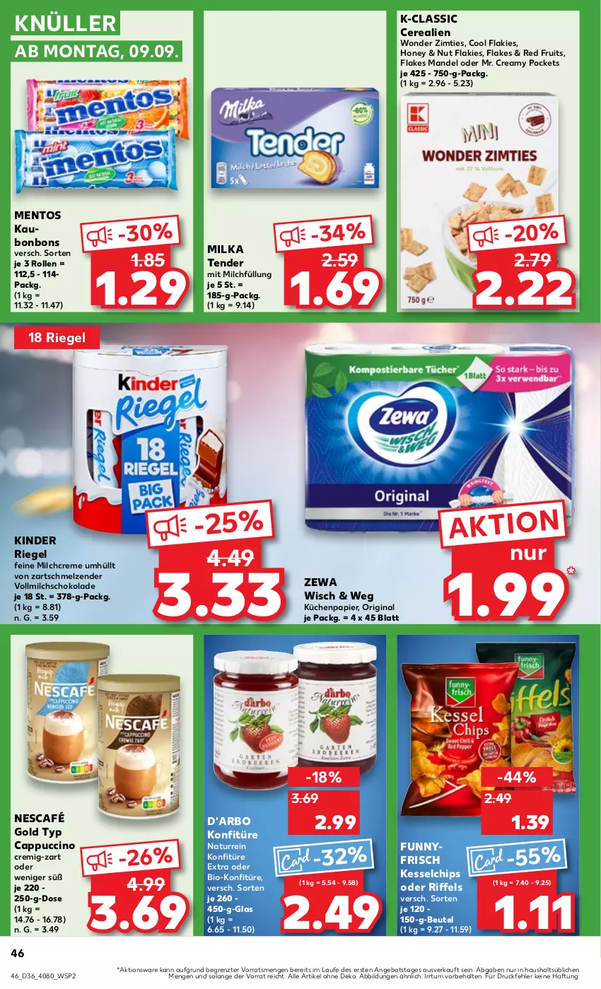 Aktueller Prospekt Kaufland - Prospekt - von 05.09 bis 11.09.2024 - strona 46 - produkty: angebot, beutel, bio, bonbons, Cap, cappuccino, cerealien, chips, cin, creme, flakes, gin, Kinder, kinder riegel, konfitüre, konfitüre extra, küche, Küchen, mandel, mentos, milch, milka, natur, Nescafé, nescafé gold, papier, riegel, schoko, schokolade, tender, Ti, vollmilch, zewa, ZTE