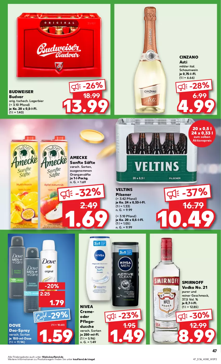 Aktueller Prospekt Kaufland - Prospekt - von 05.09 bis 11.09.2024 - strona 47 - produkty: aktionspreis, amecke, angebot, angebote, asti, bier, budweiser, cin, cinzano, Cinzano Asti, creme, deo, dove, dusche, eis, Lagerbier, mac, nivea, orange, orangen, pflegedusche, pils, pilsener, reis, säfte, smirnoff, Ti, veltins, veltins pilsener, vodka, wein