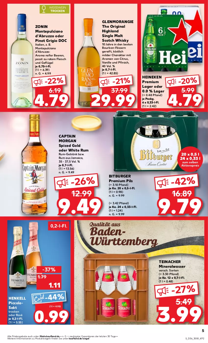 Aktueller Prospekt Kaufland - Prospekt - von 05.09 bis 11.09.2024 - strona 5 - produkty: aktionspreis, Alwa, angebot, angebote, Bad, beere, beeren, bitburger, bourbon, burger, Cap, captain morgan, citrus, eis, fleisch, Geflügel, getränk, gin, heineken, henkel, henkell, mineralwasser, monte, Montepulciano, pfirsich, pils, Pinot, pinot grigio, premium pils, reis, rum, scotch, scotch whisky, sekt, single malt, Ti, vanille, wasser, wein, whisky, white rum, zonin, ZTE