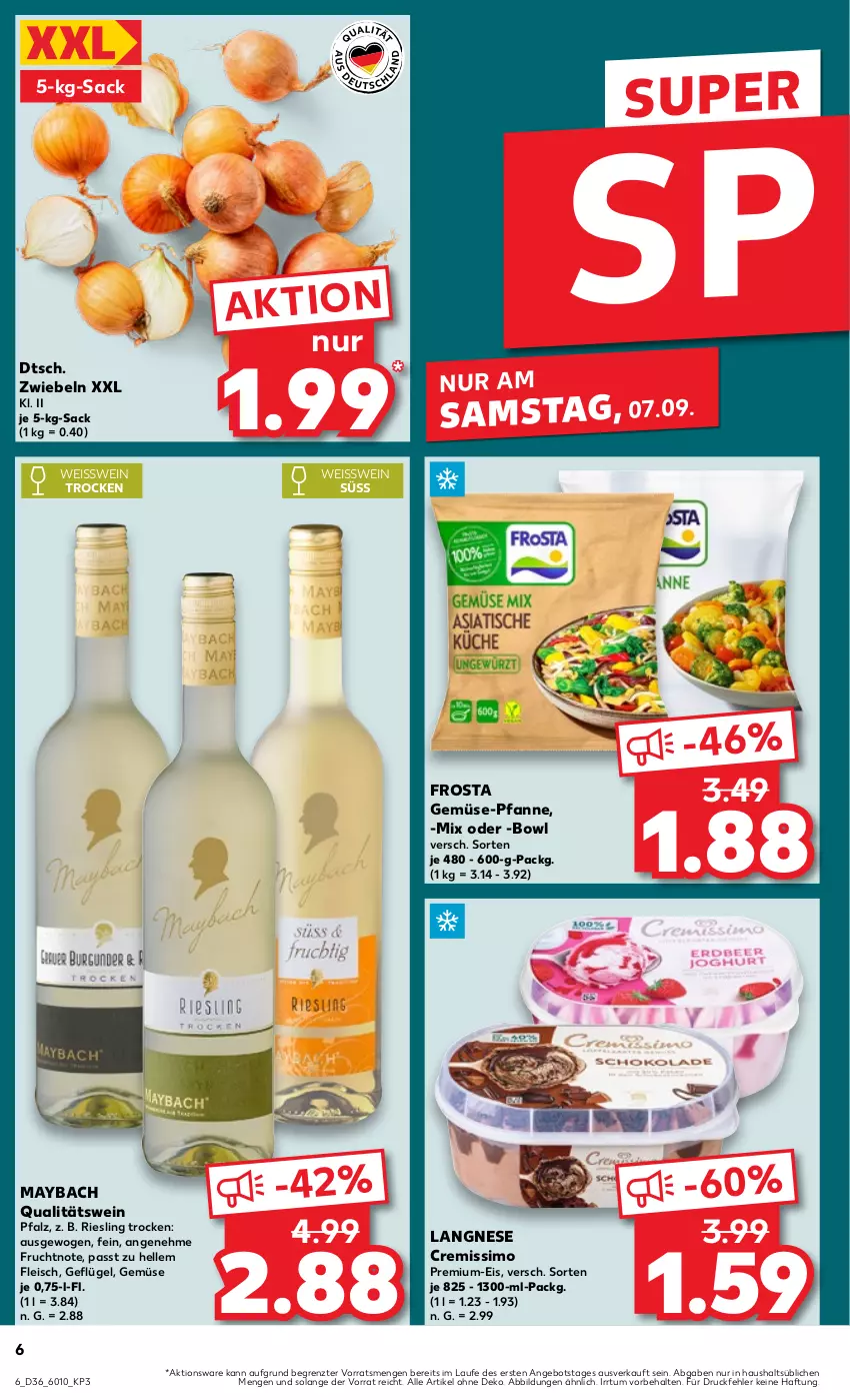 Aktueller Prospekt Kaufland - Prospekt - von 05.09 bis 11.09.2024 - strona 6 - produkty: angebot, cremissimo, eis, elle, fleisch, frosta, frucht, Geflügel, gemüse-pfanne, langnese, langnese cremissimo, maybach, pfanne, qualitätswein, riesling, sac, sim, Ti, wein, ZTE, zwiebel, zwiebeln