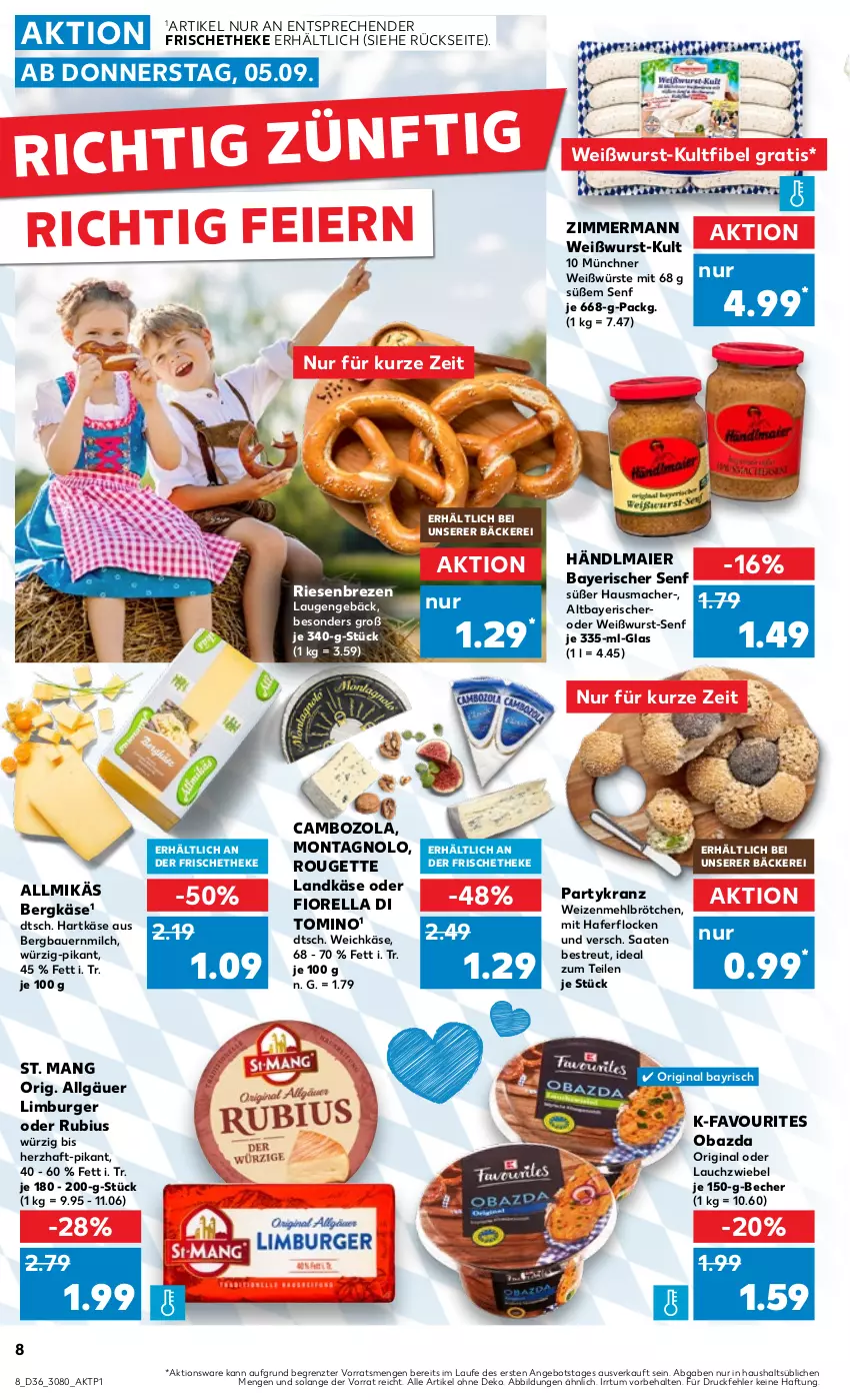 Aktueller Prospekt Kaufland - Prospekt - von 05.09 bis 11.09.2024 - strona 8 - produkty: Allmikäs, angebot, auer, Bau, Bauer, Becher, Bergkäse, brötchen, burger, cambozola, eier, gin, hafer, haferflocken, händlmaier, hartkäse, Hausmacher, hero, Käse, Kranz, landkäse, Lauchzwiebel, LG, Limburger, mac, mehl, milch, ndk, obazda, rel, rouge, rougette, Rubius, senf, St. Mang, Ti, weichkäse, Weißwurst, weizenmehl, wurst, ZTE, zwiebel