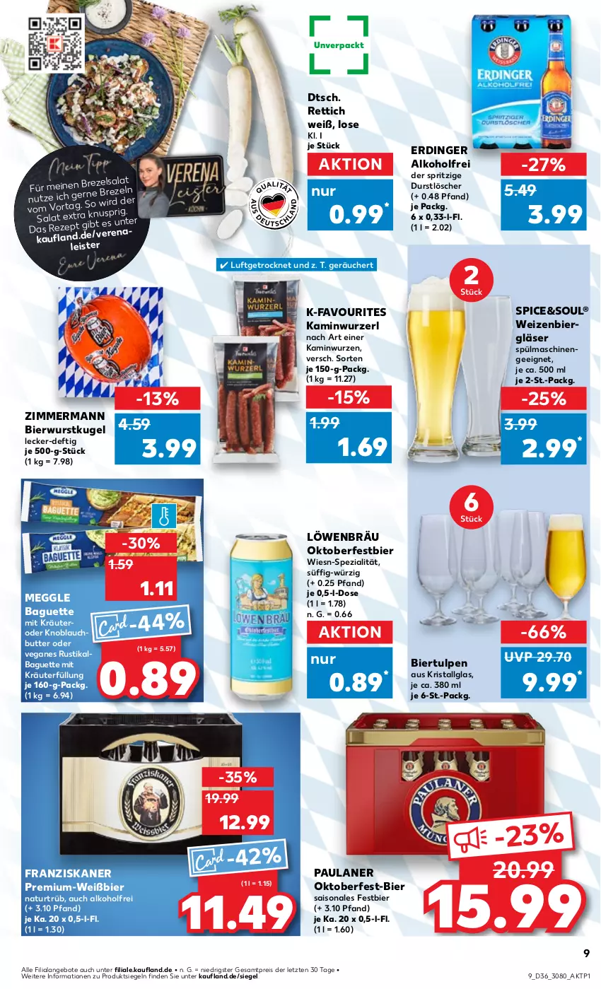 Aktueller Prospekt Kaufland - Prospekt - von 05.09 bis 11.09.2024 - strona 9 - produkty: alkohol, angebot, angebote, baguette, bier, brezel, Brezeln, butter, durstlöscher, eis, erdinger, franziskaner, Gläser, Kamin, Kaminwurz, knoblauch, Knoblauchbutter, kräuter, Kugel, LG, meggle, natur, Paula, paulaner, reis, Rettich, rezept, salat, Spezi, spülmaschinen, Ti, wurst, ZTE