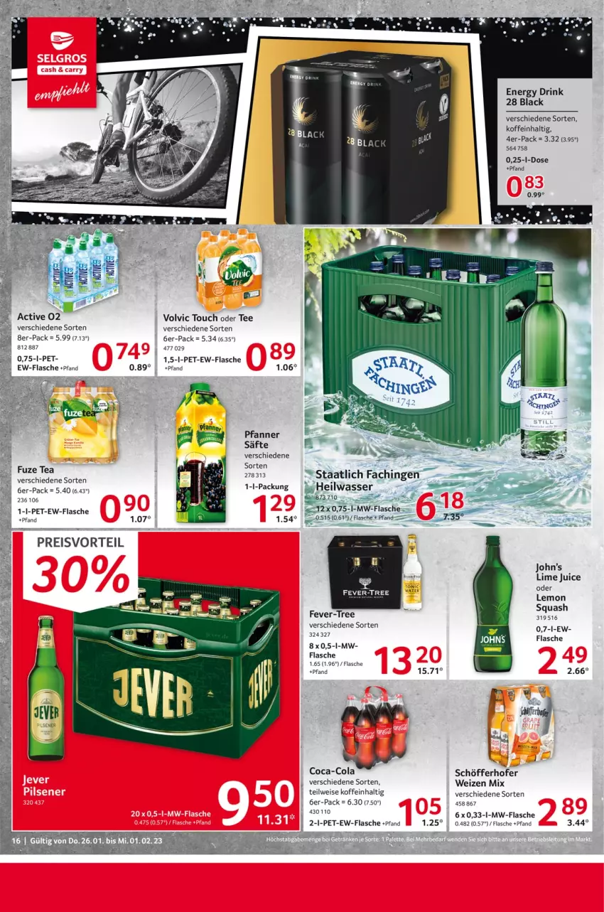 Aktueller Prospekt Selgros - Food - von 26.01 bis 01.02.2023 - strona 16 - produkty: coca-cola, cola, drink, eis, energy drink, fever-tree, flasche, fuze tea, lack, mw-flasche, pfanne, Pfanner, preisvorteil, reis, säfte, schöfferhofer, tee, Ti, volvic, wasser, weizen mix