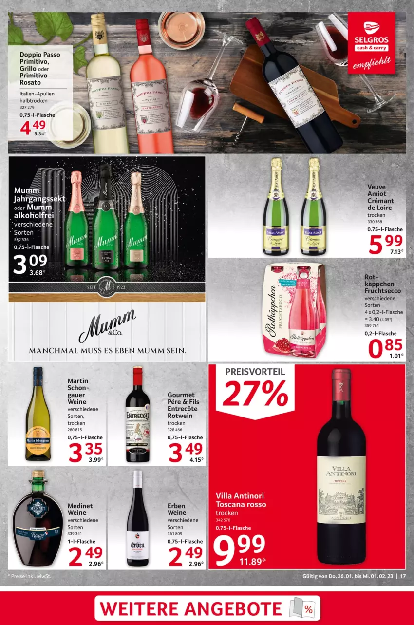 Aktueller Prospekt Selgros - Food - von 26.01 bis 01.02.2023 - strona 17 - produkty: alkohol, auer, doppio passo, eis, flasche, grill, grillo, medinet, mumm, passo, preisvorteil, primitivo, reis, rosato, rotwein, tee, Ti, wein, weine