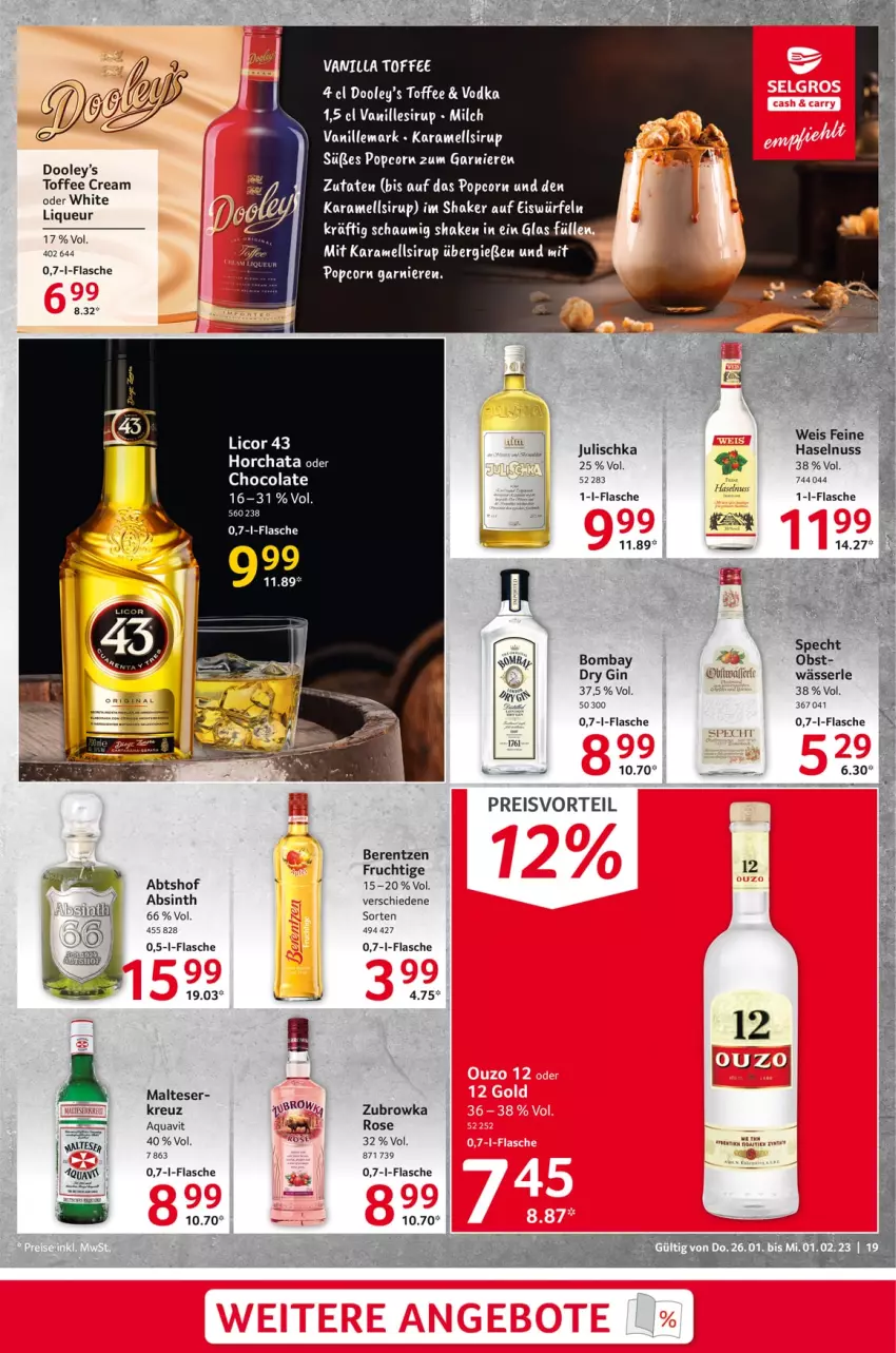 Aktueller Prospekt Selgros - Food - von 26.01 bis 01.02.2023 - strona 19 - produkty: berentzen, cola, dry gin, eis, eiswürfel, ente, flasche, frucht, gin, haselnuss, Julischka, karamell, LG, licor, licor 43, malteser, nuss, obst, shake, sirup, specht, Ti, vanille, würfel