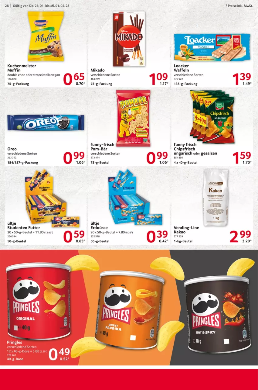 Aktueller Prospekt Selgros - Food - von 26.01 bis 01.02.2023 - strona 28 - produkty: ACC, beutel, chips, chipsfrisch, eis, ente, erdnüsse, Funny Frisch, funny-frisch, kakao, kuchen, kuchenmeister, Meister, mikado, Muffin, oreo, pom-bär, reis, salz, schoko, schokolade, tee, Ti, ültje, ültje erdnüsse, waffeln