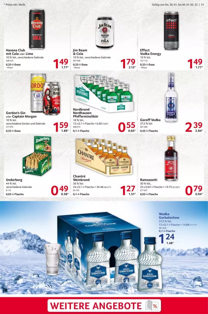 Aktueller Prospekt Selgros - Food - von 26.01 bis 01.02.2023 - strona 31 - produkty: angebot, angebote, Cap, captain morgan, cola, Effect, eier, eis, flasche, gin, Gorbatschow, gordon, Gordon’s, Havana Club, jim beam, likör, nordbrand, pfeffer, pfefferminzlikör, rama, ramazzott, ramazzotti, reis, Ti, underberg, vodka, wein, weinbrand, wodka, zott