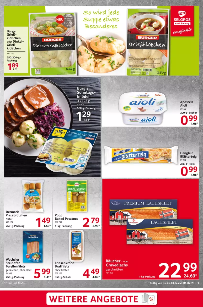 Aktueller Prospekt Selgros - Food - von 26.01 bis 01.02.2023 - strona 9 - produkty: aioli, apostels, baked potatoes, Becher, blätterteig, brötchen, deit, eier, elle, filet, filets, forelle, henglein, Knödel, krone, natur, Ofen, pizza, Popp, potatoes, rel, steinofen, Ti