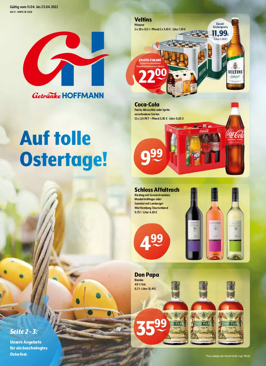 Aktueller Prospekt Getraenke Hoffmann - Prospekte - von 11.04 bis 23.04.2022 - strona 1 - produkty: angebot, angebote, Berger, coca-cola, cola, eis, fanta, gewürz, gin, grevensteiner, Mezzo Mix, oder sprite, pils, pilsener, reis, riesling, sprite, steiner, Ti, trolli, trollinger, veltins, veltins pilsener