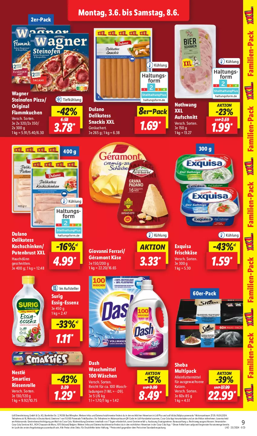 Aktueller Prospekt Lidl - Aktionsprospekt - von 03.06 bis 08.06.2024 - strona 11 - produkty: alleinfuttermittel, angebot, aufschnitt, Bad, coca-cola, cola, dulano, eis, elle, essig, exquisa, exquisa frischkäse, flammkuchen, flasche, frischkäse, géramont, gin, Käse, kochschinken, kuchen, lamm, LG, nestlé, Ofen, pizza, preisvorteil, pute, putenbrust, reis, schinken, schnitten, sheba, smarties, snack, steinofen, steinofen pizza, teller, Ti, trinkflasche, wagner, waschmittel, ZTE