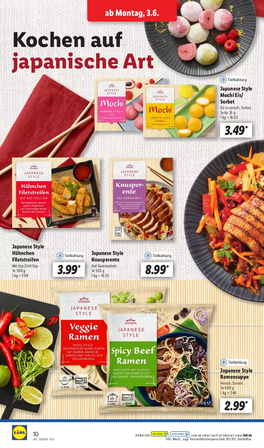 Aktueller Prospekt Lidl - Aktionsprospekt - von 03.06 bis 08.06.2024 - strona 12 - produkty: bett, chili, dip, eis, ente, filet, filets, hot chili, Mochi, ndk, reifen, Schal, Schale, Sorbet, suppe, Ti