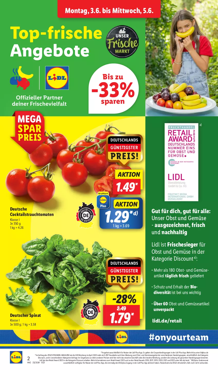 Aktueller Prospekt Lidl - Aktionsprospekt - von 03.06 bis 08.06.2024 - strona 2 - produkty: Abtei, angebot, angebote, bio, cocktail, cocktails, coupon, discount, eis, frucht, magazin, obst, Obst und Gemüse, pril, Rauch, reis, spinat, strauchtomaten, Ti, tomate, tomaten, und gemüse